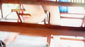 Full upskirt (fake) of vietnamese wife while having meal